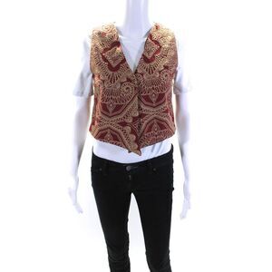 Muze Womens Embroidered Canvas Neck Snap Vest Red Size Small